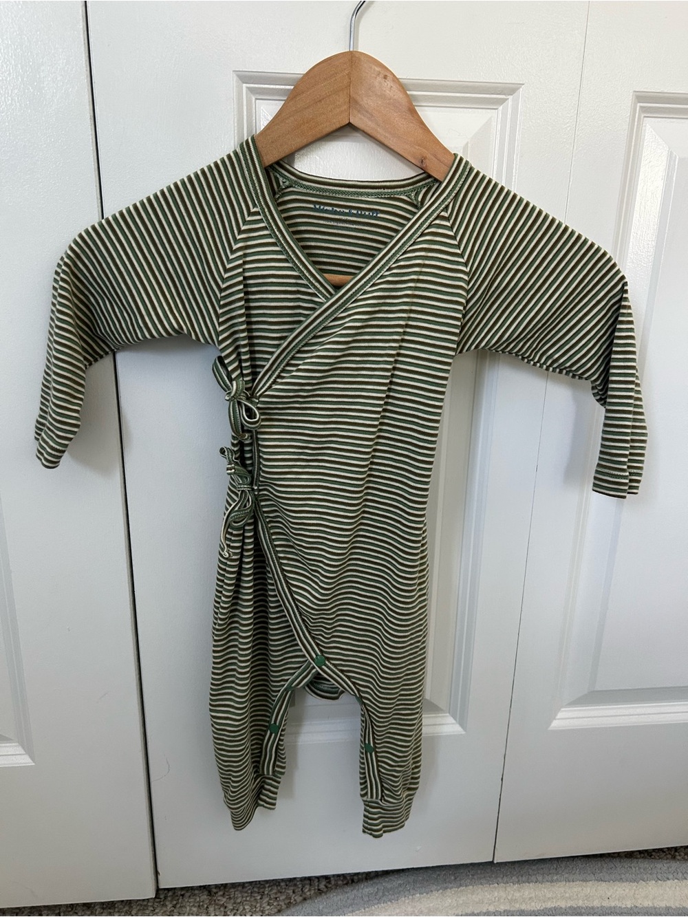 Misha & Puff double tie romper green and beige stripe bodysuit organic 12-18 mo